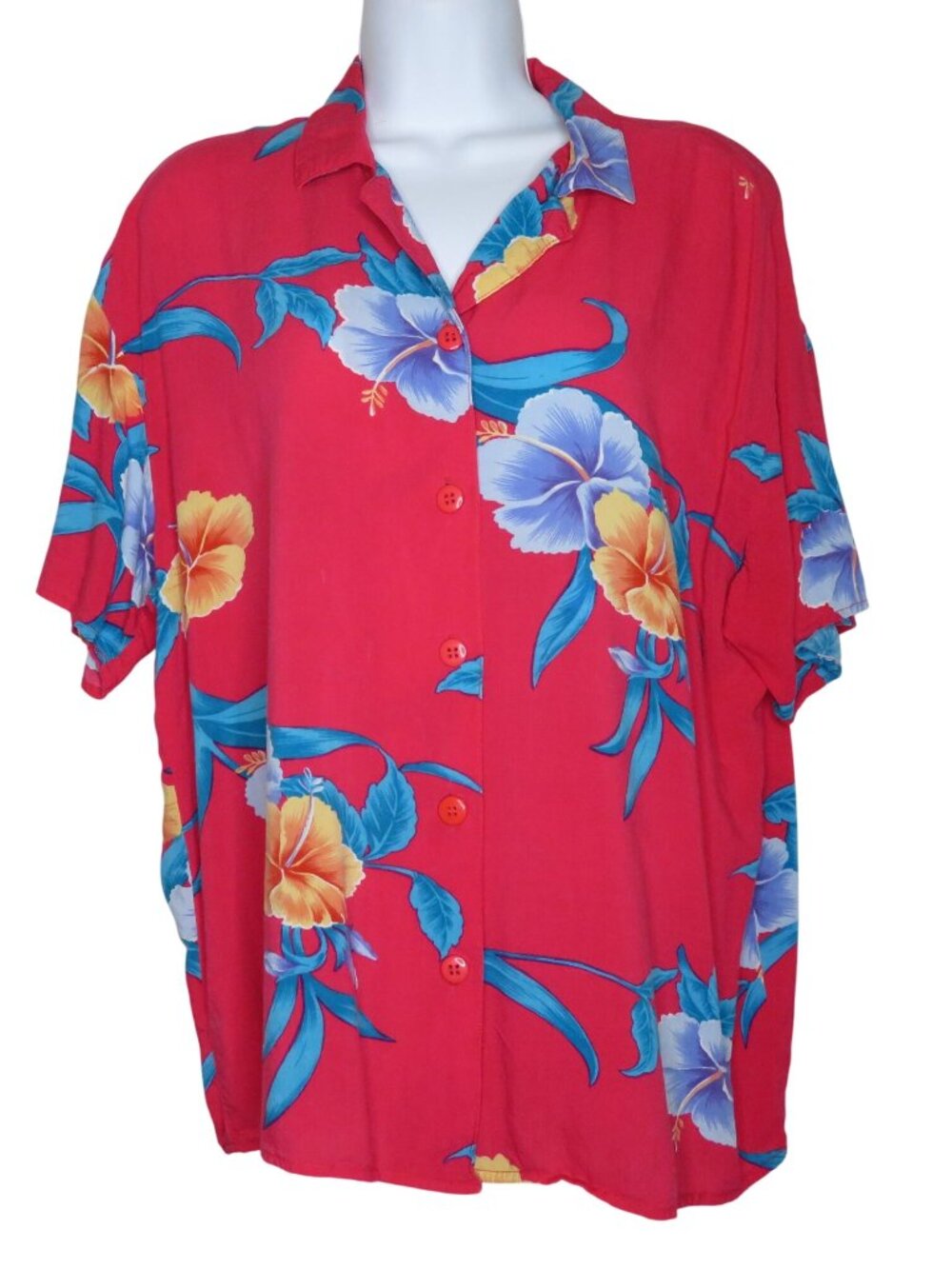 Vintage Red Hawaiian Floral Button-Up Blouse Womens Size XL Rayon Short Sleeve